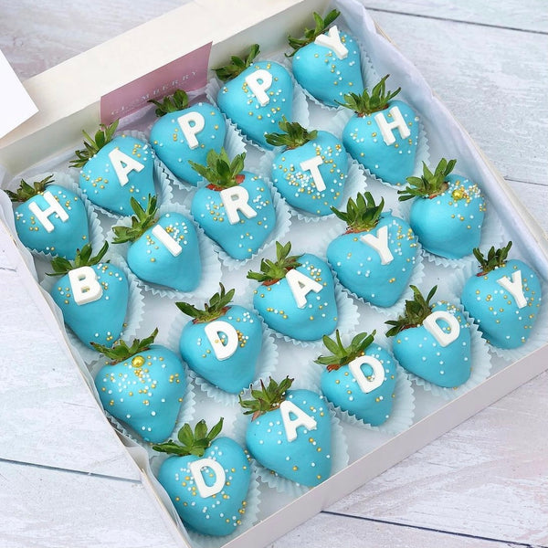 box of 20 chocolate covered strawberries with happy birthday detailing